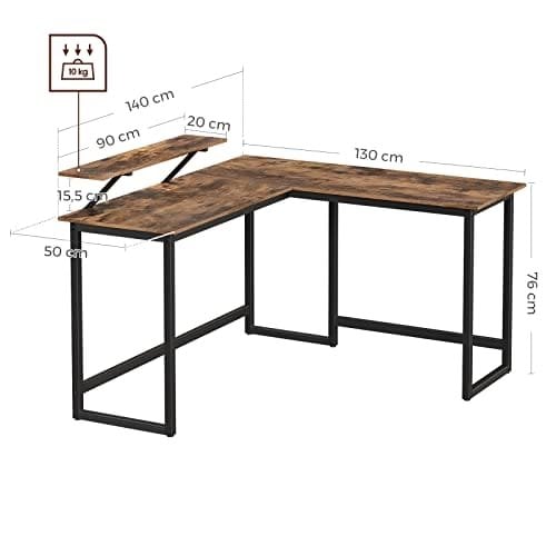 Vasagle L-formet skrivebord med skærmstativ til studier, spil, arbejde, rumbesparende, justerbare ben, metalramme, let samling, rustik brun LWD56X 140 x 130 x 76/91,5 cm