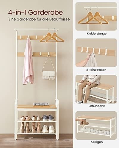 Vasagle Coat Rack, frakke står med skoopbevaringsbænk, 4-i-1 design, med 9 aftagelige kroge, en tøjskinne, til gangen, indgang, 33,7 x 77 x 183 cm, moderne, eg og fløde HSR40W