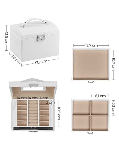 Songmics 3-lags smykkeboks, rejsesmykker med håndtag, 2 skuffer, låsbar smykker arrangør med spejl, smykkeopbevaring, moderne stil, gave til kære, hvid JBC154W01