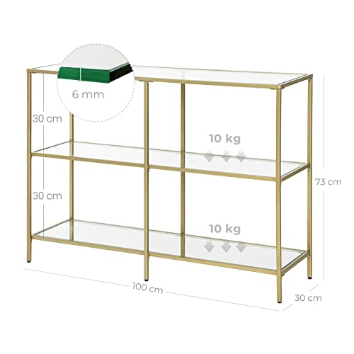 Vasagle -konsolbord, sofabord med 3 hylder, tempereret glashylde, 100 x 30 x 73 cm, metalramme, moderne, til hallway stue soveværelse, guldfarve LGT27G