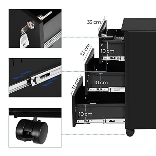 Songmics Mobile File Cabinet, Lockable, med 3 skuffer, holder dokumenter, papirvarer, forudmonteret, til kontor, hjemmekontor, 39 x 45 x 55 cm (L X W X H), Matte sort OFC63BK