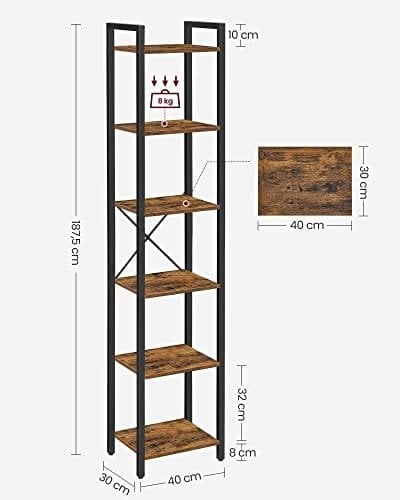 Vasagle bogreol, 6-lags boghylde, åben opbevaringshylder, stående displaystativ, til kontor, stue, soveværelse, 40 x 30 x 187,5 cm, industriel, rustik brun og sort LLS101B01