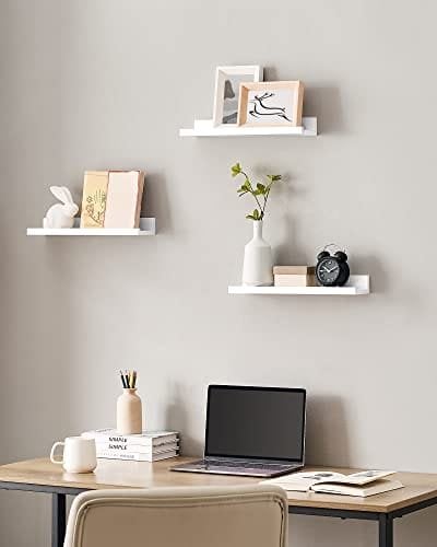 Songmics Wall Shelf 3 Sæt flydende hylder afsats til billedrammer og bøger, 38 x 10 cm, MDF White LWS38WT