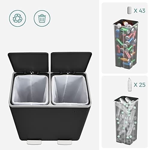 SONGMICS Kaksoisastia, 2 x 30L jäte- ja kierrätysastia, musta