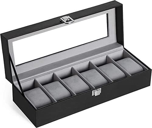 Songmics Watch Box med 6 slots, titta på fodral med glaslock, grå foder