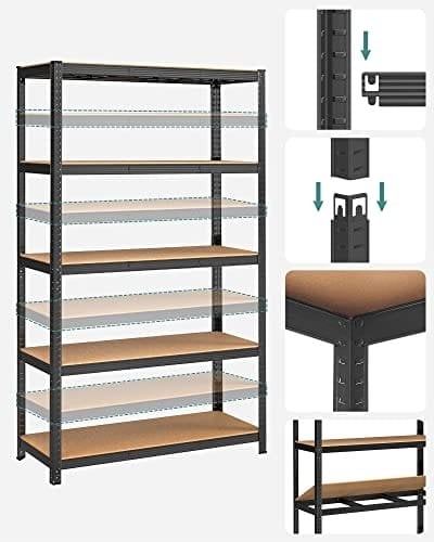 Songmics 5-lags hylderenhed, stålhylleenhed til opbevaring, værktøjsfri samling, til garage, skur, belastningskapacitet 875 kg, 60 x 120 x 200 cm, sort GLR060B01