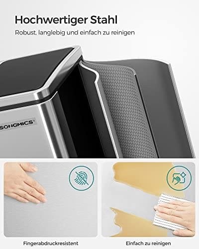 SONGMICS Kierrätyskori, 2 x 15L teräsroskakori, Step Bin, hopea ja musta