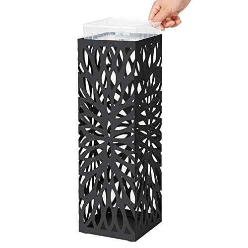 Songmics Metal Paraply Stand, Modern Square Paraply Holder Rack, 15,5 x 15,5 x 49 cm, med 4 kroge og en aftagelig drypbakke, til gangen, kontor, sort luc48b