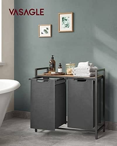 Vasagle Tøjvaskkurv, 2-rumvaskeri Hamper, Oxford-stof, udtræk og aftagelige vaskeposer, metalramme, 2 x 46L, 73 x 33 x 72 cm, rustik brun og grå blh201g01