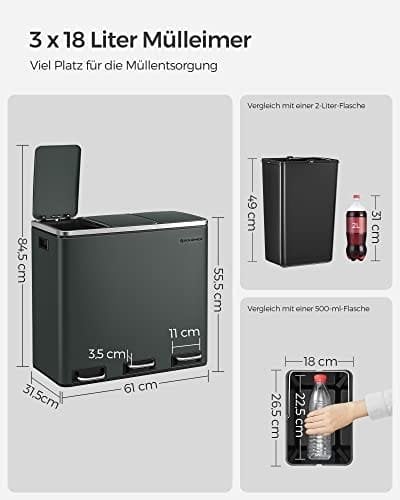Songmics Recycling Bin, 3 X 18 L Triple Kitchen Bin, 3 Rum Pedal Bin With Soft-Close Låg, Plast