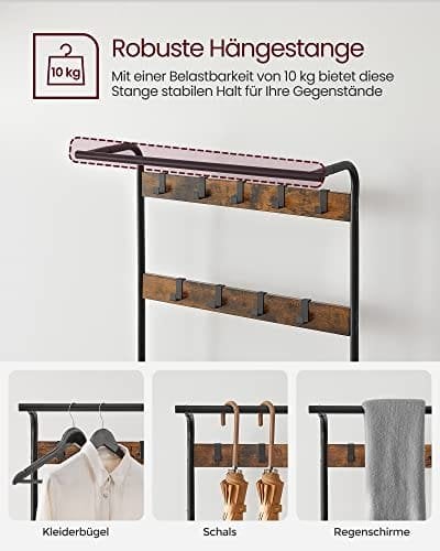 Vasagle Coat Rack, frakke står med skoopbevaringsbænk, 4-i-1 design, med 9 aftagelige kroge, en tøjskinne, til gangen, indgang, 33,7 x 77 x 183 cm, industriel, rustik brun og sort HSR40B