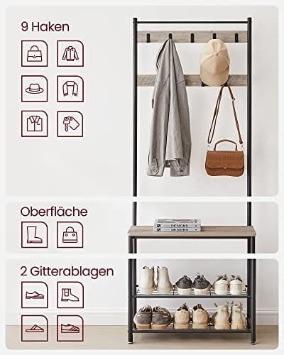Vasagle Coat Rack, frakke står med skoopbevaringsbænk, halltræ med skostativ, 3-i-1 design, stålramme, til gangen, indgang, 32 x 70 x 175 cm, industriel, greige og sort HSR41MB