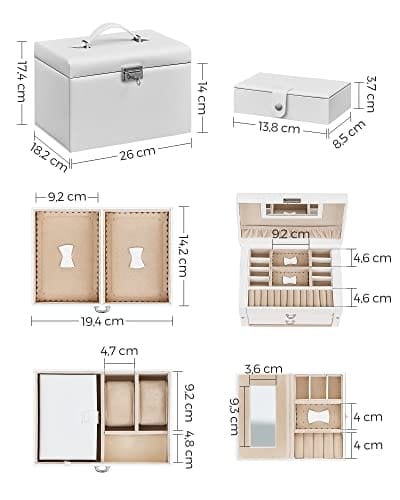 Songmics smykkeskasse, arrangør med 2 skuffer, låsbar sag med spejl, bærbar rejsesag, til ringe, armbånd, øreringe, halskæder, fløjlforing, gave, hvid JBC121W
