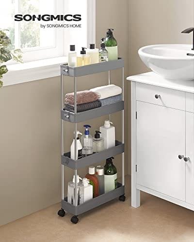 Songmics 4-lags glide opbevaringsvogn, rullende vogn på hjul, pladsbesparende smal køkken badeværelse vogn, 40 x 12,5 x 86 cm, grå KSC008G01