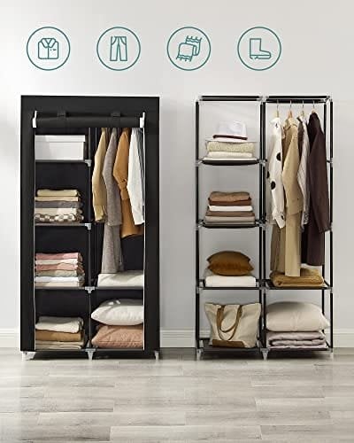 Songmics stofgarderobe, tøjopbevaringsarrangør med 2 hængende skinner, 6 hylder, tilpasset design, 88 x 45 x 168 cm, til soveværelse, afdeling, sort ryg84h