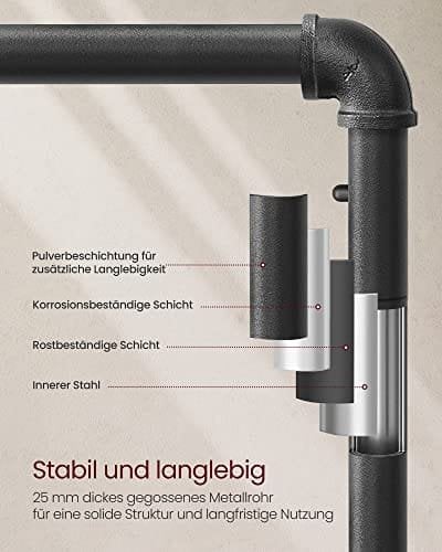 Vasagle tøjskinne til soveværelse, kraftigt tøjstativ, industrielt rørrullende tøjstativ med hylde, topskinne max. Last 90 kg, vaskerum, detailbutik, rustik brun og sort HSR65BXV1