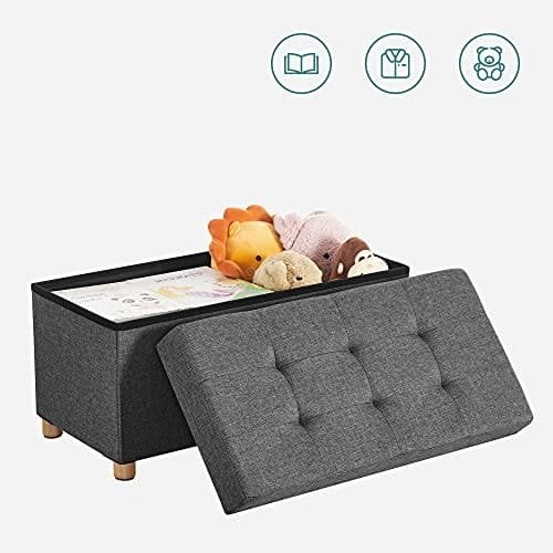 Songmics Storage Ottoman, polstret sammenfoldelig bænk, bryst med låg, massivt træfødder, rumbesparende, 65L kapacitet, holder op til 300 kg, til soveværelse, gang, børns værelse, mørkegrå LSF16gyz