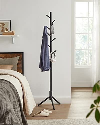 Vasagle Standing Coat Rack, Solid Wood Coat Rack, træformet frakkeholder med 8 kroge, 3 højdeindstillinger, til tøj, hatte, tasker, til stue, soveværelse, hjemmekontor, sort RCR004B01