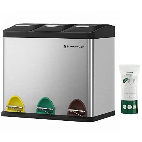 Songmics Recycling Bin, 3-in-1 Pedal Bin, 24-Liter Metal Rubbish Bin, Waste Separation System skraldespand til køkken, let at rengøre, stål, sølv LTB24L