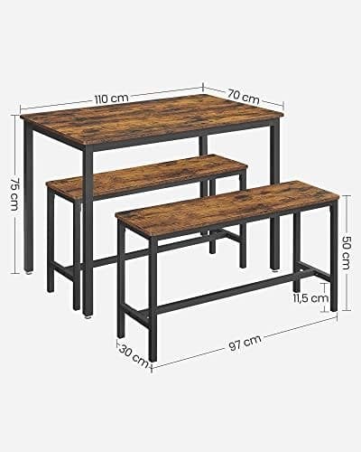 Vasagle spisebord med 2 bænke, 3 stykker sæt, køkkenbord på 110 x 70 x 75 cm, 2 bænke på 97 x 30 x 50 cm hver, stålramme, industriel design, rustik brun og sort KDT070B01