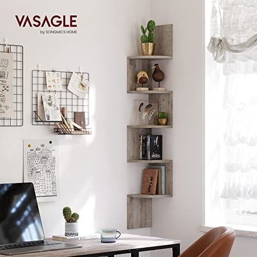 Vasagle Corner Shelf, 5-lags flydende væghylde med zigzag-design, boghylde, Greige LBC020M01