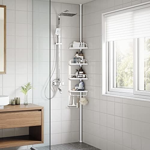 Songmics Justerbar badeværelse hjørnehylde, teleskopisk brusebad caddy, 85-305 cm, gulv til loft, med 4 bakker, 3 kroge, hvid BCB001A