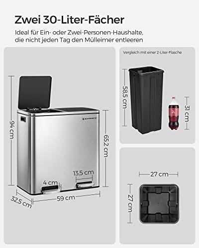 Songmics Double Rubbish Bin, 2 X 30 L Dual Compment Kitchen Bin With 15 Rubbish Poss, Metal Pedal Bin With Plast