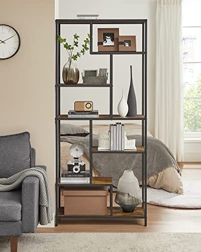 Vasagle boghylde, 6-lags bogreol, geometrisk displayhylde, stående opbevaringshylde, 30 x 80 x 180 cm, til undersøgelse, kontor, stue, soveværelse, køkken, rustik brun og sort LLS119B01