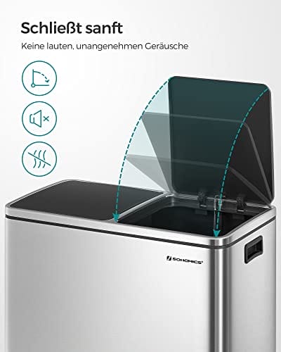 Songmics Double Rubbish Bin, 2 X 30 L Dual Compment Kitchen Bin With 15 Rubbish Poss, Metal Pedal Bin With Plast