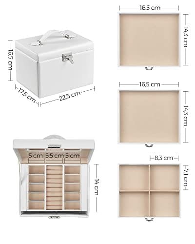 Songmics smykkekasse, smykkerarrangør 4 niveauer, låsbar smykkestillingssag med bakker, fløjlsforing, hvid JBC159W01