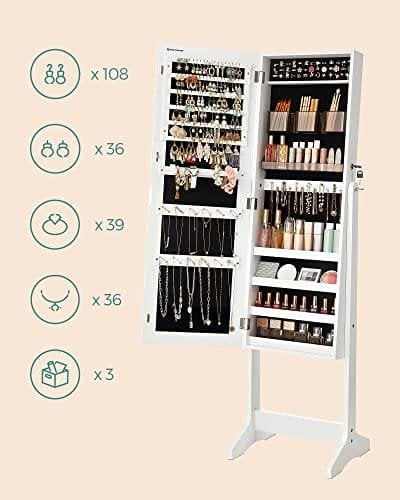 Songmics Jewelry Cabinet Armoire, fritstående låsbar opbevaringsarrangørenhed med 2 plastkosmetisk opbevaring, rammeløst spejl i fuld længde, til halskædeørering, hvid ujjc002w01