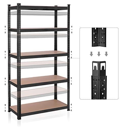 Songmics 5-lags reolerenhed, stålhylder til opbevaring, værktøjsfri samling, til garage, skur, belastningskapacitet 875 kg, 40 x 90 x 180 cm, sort GLR040B01