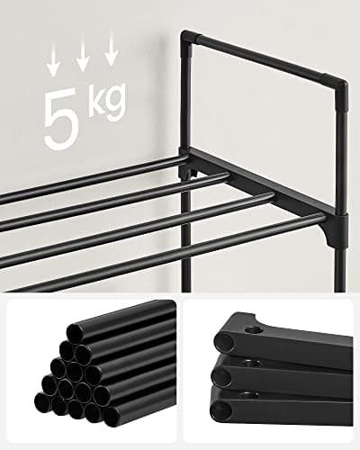 Songmics 3-hylde sko rack, opbevaringsarrangør af metal sko, let at samle, 12 til 15 par sko, stackable skohylde til skab, indgang, sorte LSA303B02