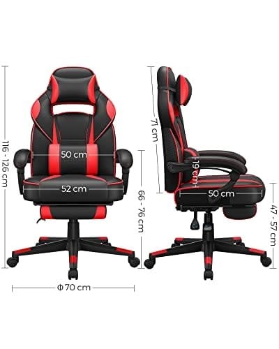 Songmics Racing Gaming Chair, Justerbar kontorstol med fodstøtte, ergonomisk design, vippemekanisme, nakkestøtte, lumbale support, 150 kg vægtkapacitet, sort og rød OBG73BRV1