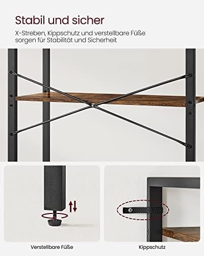 Okpet Vasagle 5-lags opbevaringsstativ, boghylde med stålramme, til stue, kontor, undersøgelse, gang, industriel stil, rustik brun og sort LLS061B01