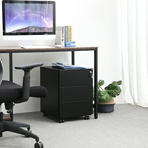 Songmics Mobile File Cabinet, Lockable, med 3 skuffer, holder dokumenter, papirvarer, forudmonteret, til kontor, hjemmekontor, 39 x 45 x 55 cm (L X W X H), Matte sort OFC63BK