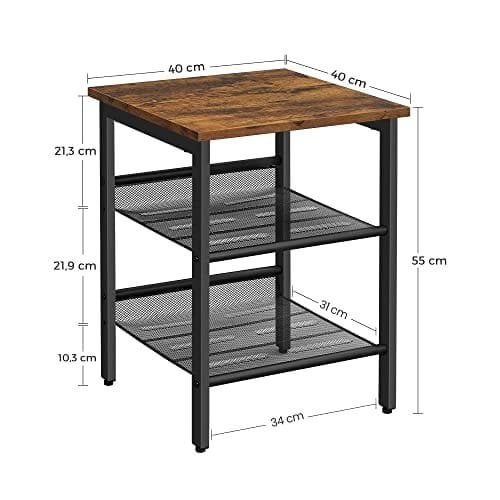 Vasagle sidebord, natbord, slutbord med 2 justerbare meshhylder, let samling, industriel til stue, soveværelse, stabil stålramme, rustik brun og sort Let23x