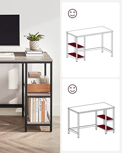 Vasagle Computer Desk, Writing Desk med 2 hylder på venstre eller højre, arbejdsbord til kontorstue, stålramme, industriel, greige og sort LWD47MB