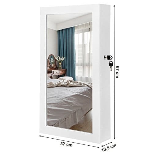 Songmics White Mirrored Lockable Jewellery Cabinet, Wall Mount Jewellery Organizer, Gift Idea JBC51W