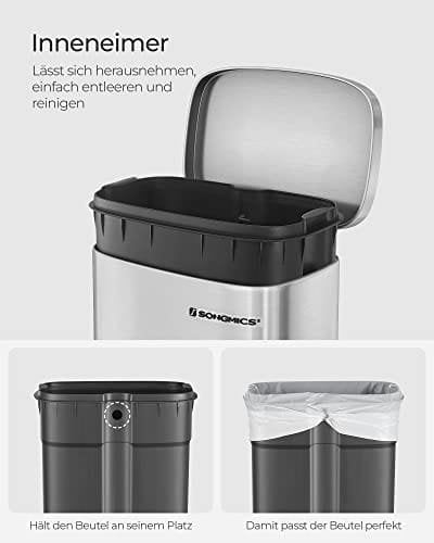 Songmics Kitchen Rubbish Bin, Pedal Papirkurv kan 30L, med plastisk indre spand, hængslet låg, blød lukning, lugtbeskyttelse og hygiejnisk, sølvfarve LTB03NL