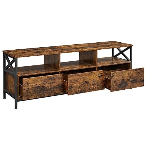 Vasagle TV Stand, tv -kabinet til op til 65 tommer tv, tv -bord med 3 skuffer og 3 åbne hylder, 40 x 147 x 50 cm, til stue, soveværelse, stålramme, rustik brun og sort LTV301B01
