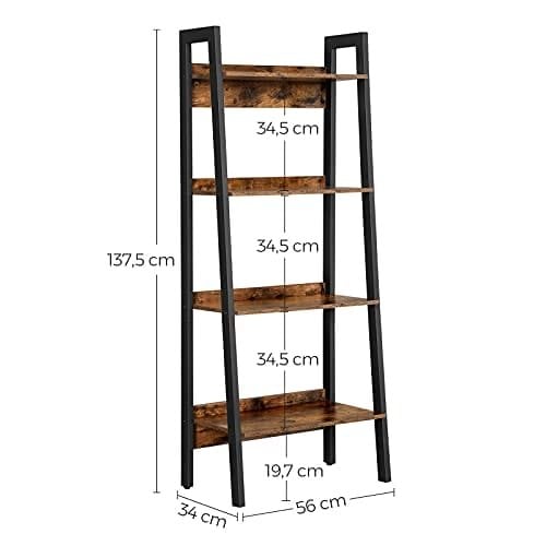 Vasagle Ladder hylde, 4-lags hjemmekontor boghylde, fritstående opbevaringshylder, til stue soveværelse køkkenbalkon, metalramme, let at samle, industriel, rustik brun og sort LLS054X01