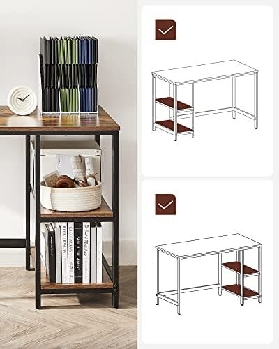 Vasagle Computer Desk, Writing Desk med 2 hylder på venstre eller højre, arbejdsbord til kontorstue, stålramme, industriel, rustik brun og sort LWD55X