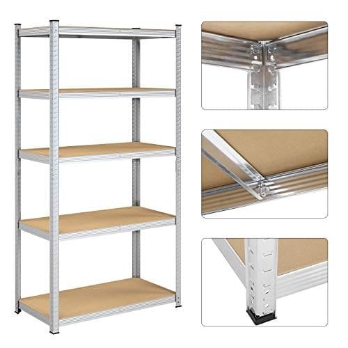 Songmics 5-lags hyldeenhed, stålhylder til opbevaring, værktøjsfri samling, til garage, skur, belastningskapacitet 600 kg, 50 x 100 x 200 cm, sølv GLR050E01