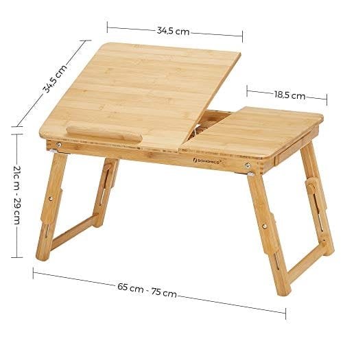 Songmics Bambus Lap Desk, bærbar bord, morgenmadsbakke med 5 justerbare vippevinkler, lille skuffe, naturlig LLD01N