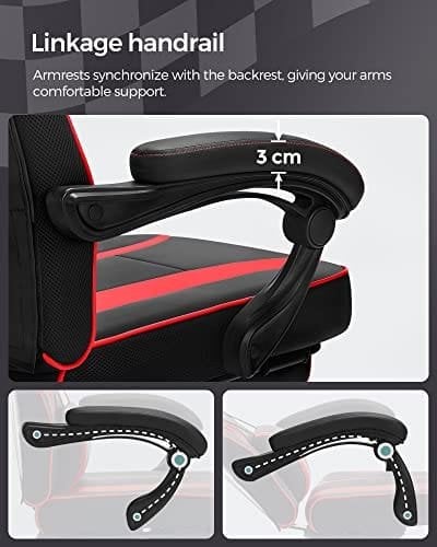 Songmics Racing Gaming Chair, Justerbar kontorstol med fodstøtte, ergonomisk design, vippemekanisme, nakkestøtte, lumbale support, 150 kg vægtkapacitet, sort og rød OBG73BRV1