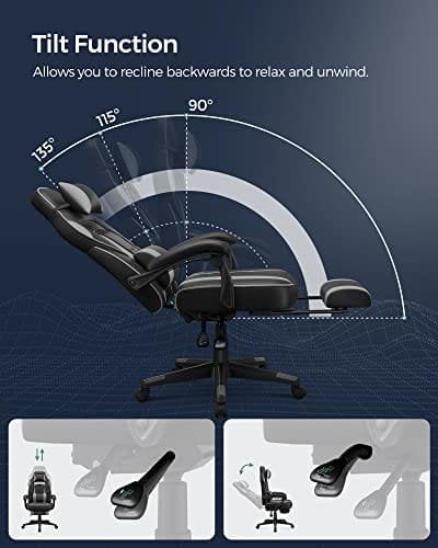 Songmics Gaming Chair Desk stol med fodstøtte, kontorstol med nakkestøtte og lændepude, højde-justerbar, ergonomisk, 90-135 ° Tilt Angle, Load 150 kg sort + grå