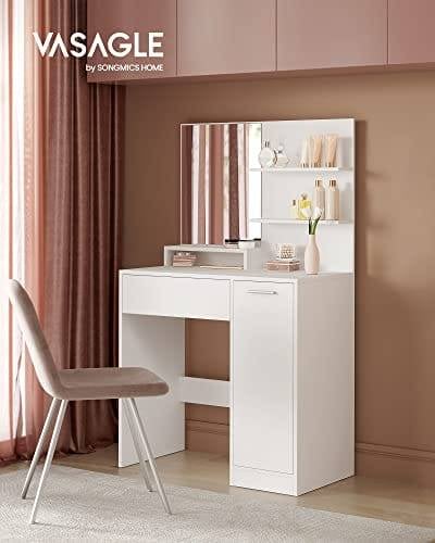Vasagle -omklædningsbord, makeup -bord, forfængelighedsbord med spejl, 1 skuffe, 2 hylder, opbevaringsskab, makeup -arrangør, hvid RDT119W01