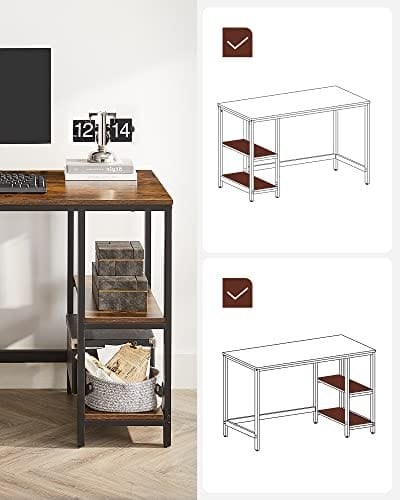 Vasagle Computer Desk, Writing Desk med 2 hylder på venstre eller højre, arbejdsbord til kontorstue, stålramme, industriel, rustik brun og sort LWD47X