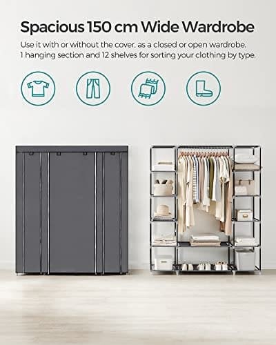Songmics Portable Garderobe, Foldbart Closet, Tøjopbevaringsarrangør med hængende jernbane, hylder, stofafdækning, til soveværelse, cloakroom, 150 x 45 x 175 cm, grå LSF03G